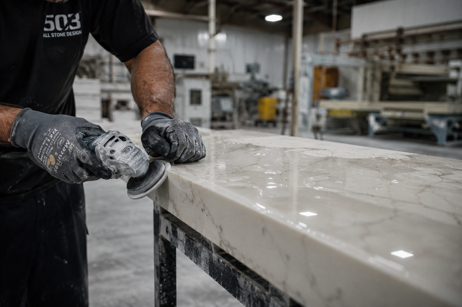 Artisan polishing stone slab at 503 All Stone Design