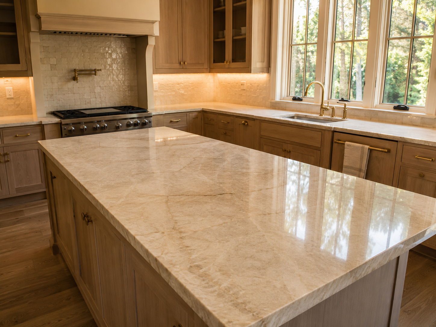 Warm luxury Taj Mahal quartzite countertop