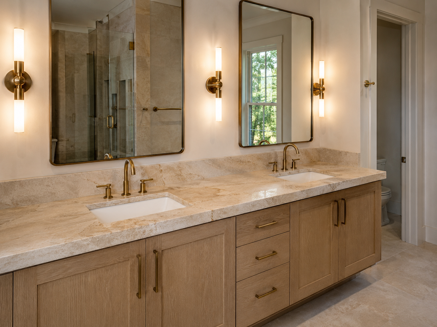 Taj Mahal quartzite island in a transitional kitchen