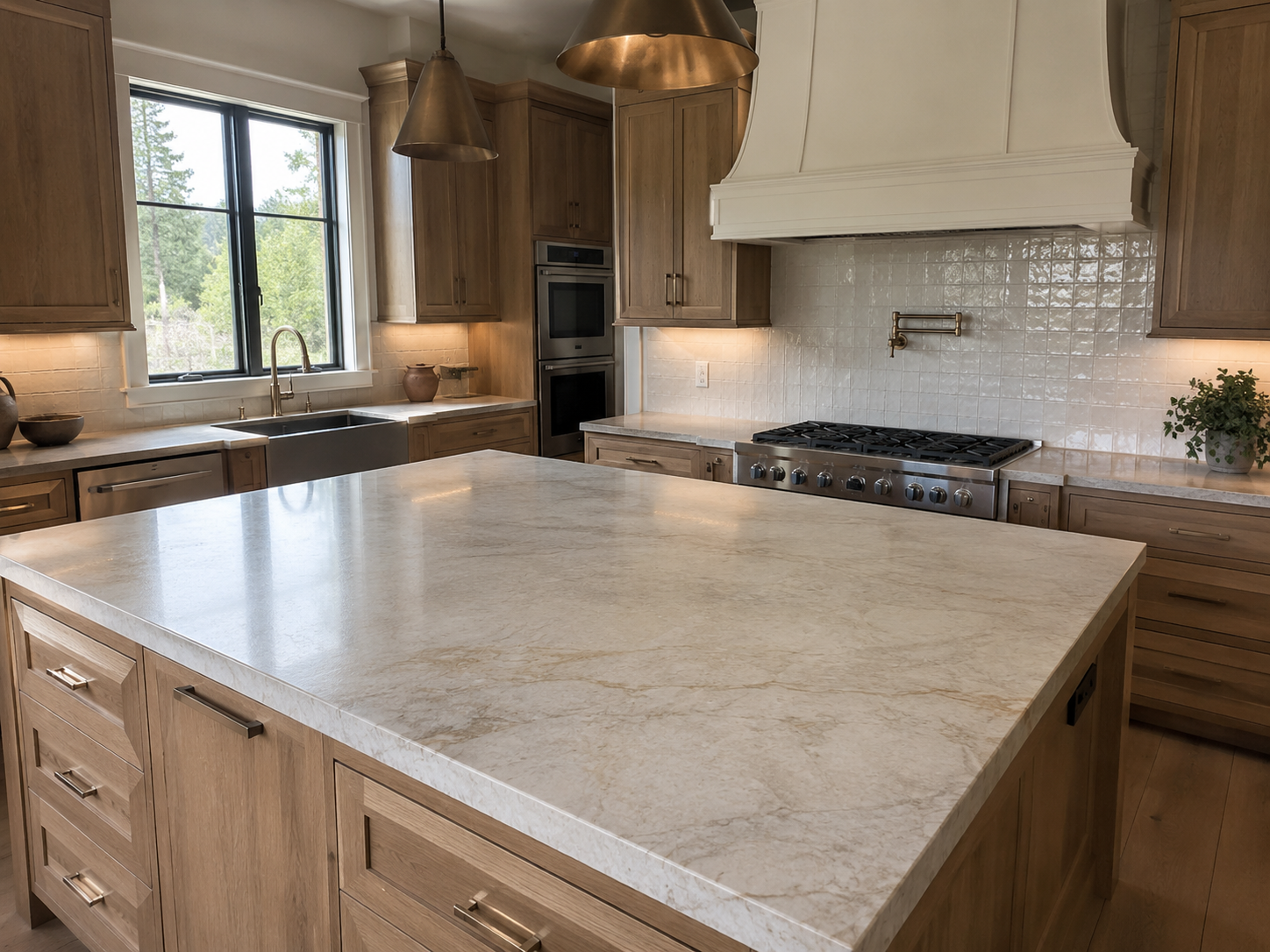Warm quartzite island with natural wood cabinetry